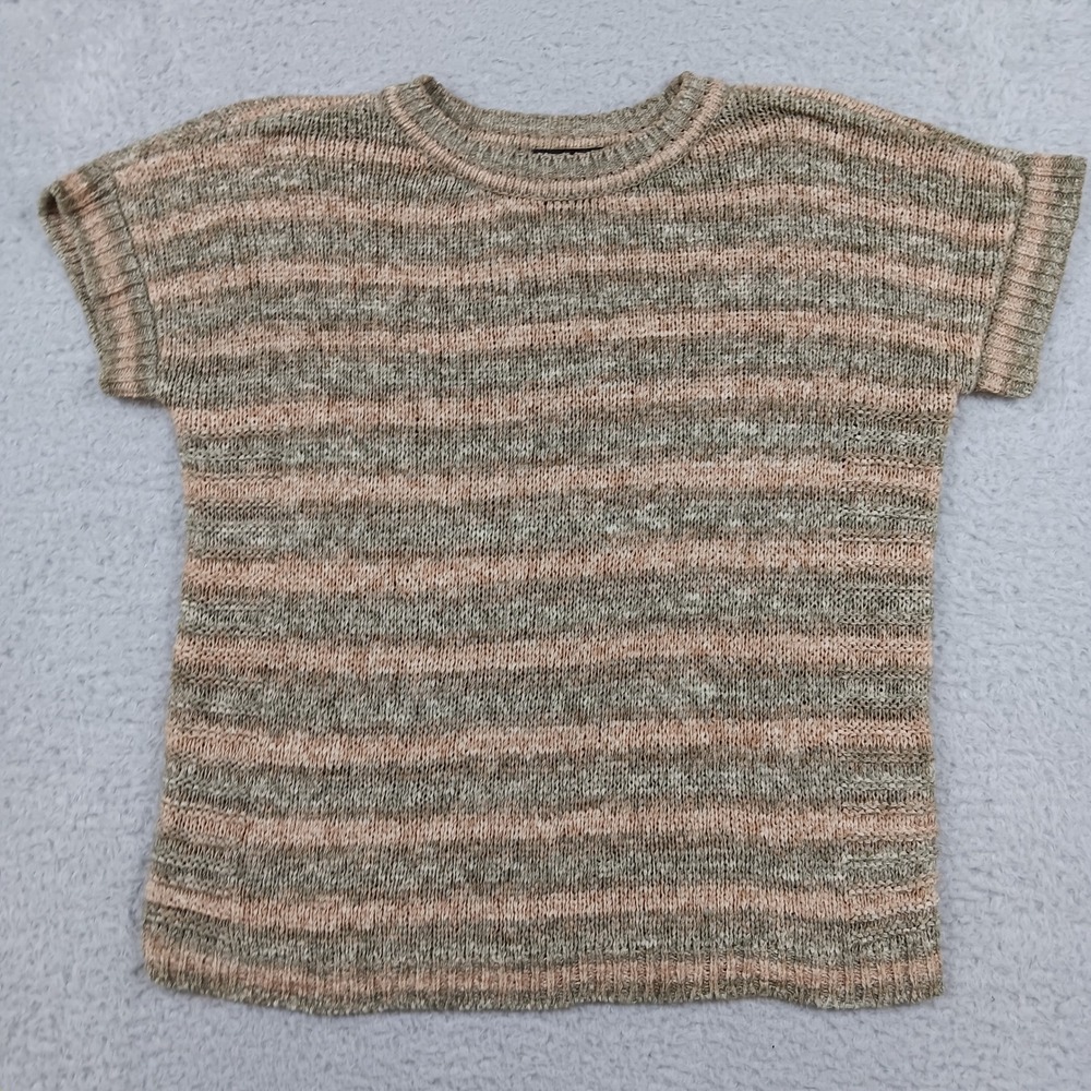 Cable & Gauge Sweater Top Women L Green Peach Striped Short Sleeve Open Knit